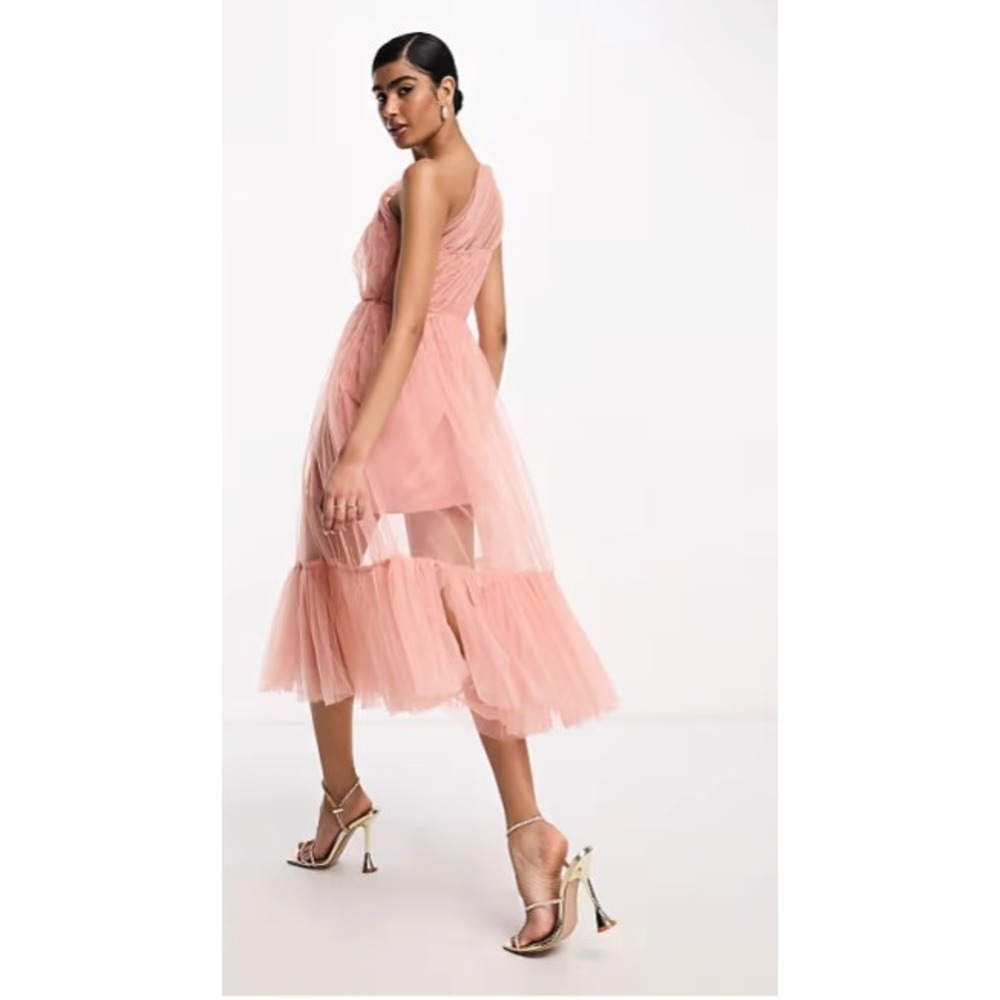 Lace & Beads Dress Women's 10 Blush Pink Arleth One Shoulder Tulle Midi Formal - Picture 2 of 16